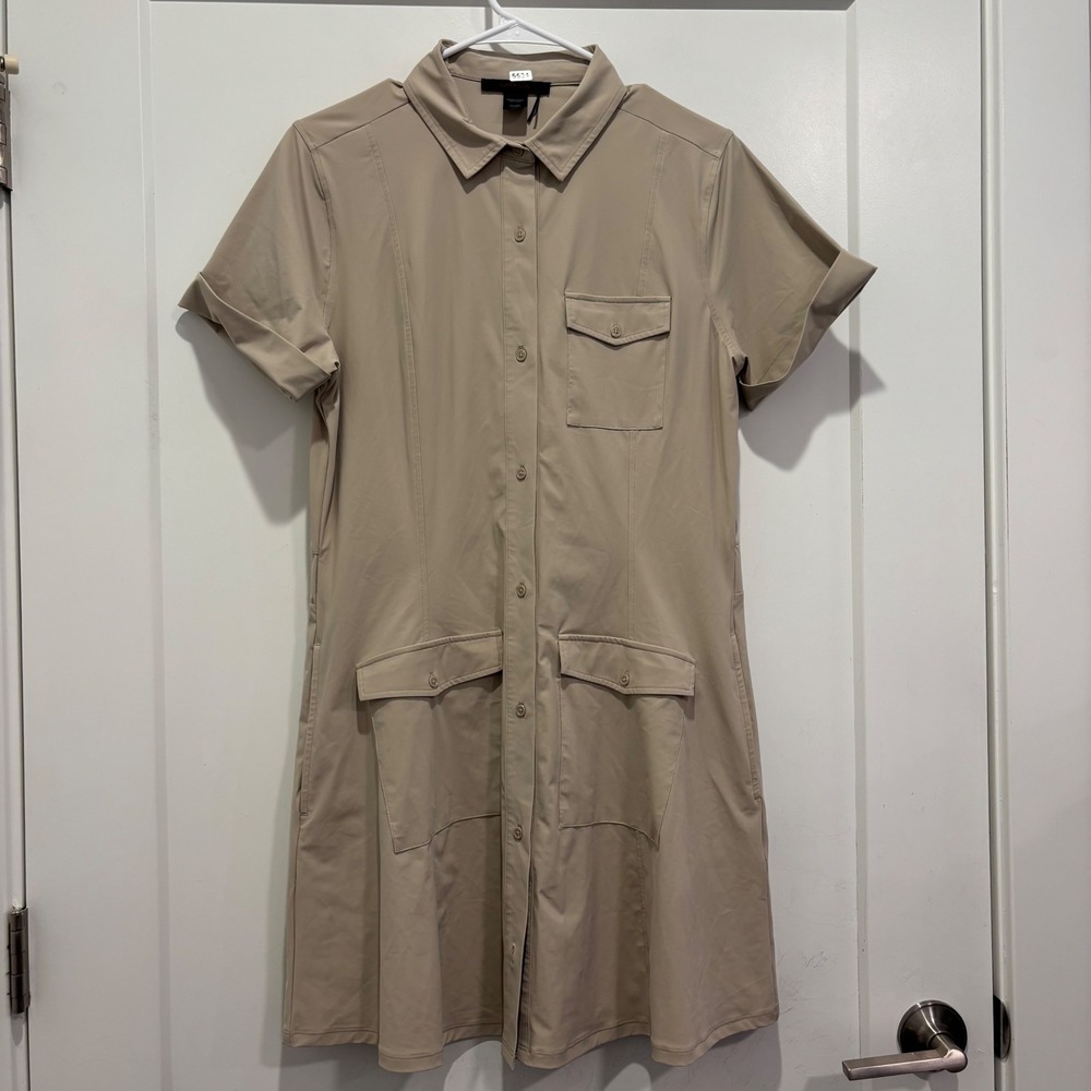 Greyson Womens Tan Khaki Short Sleeve Button Front Utility Shirt Dress Large